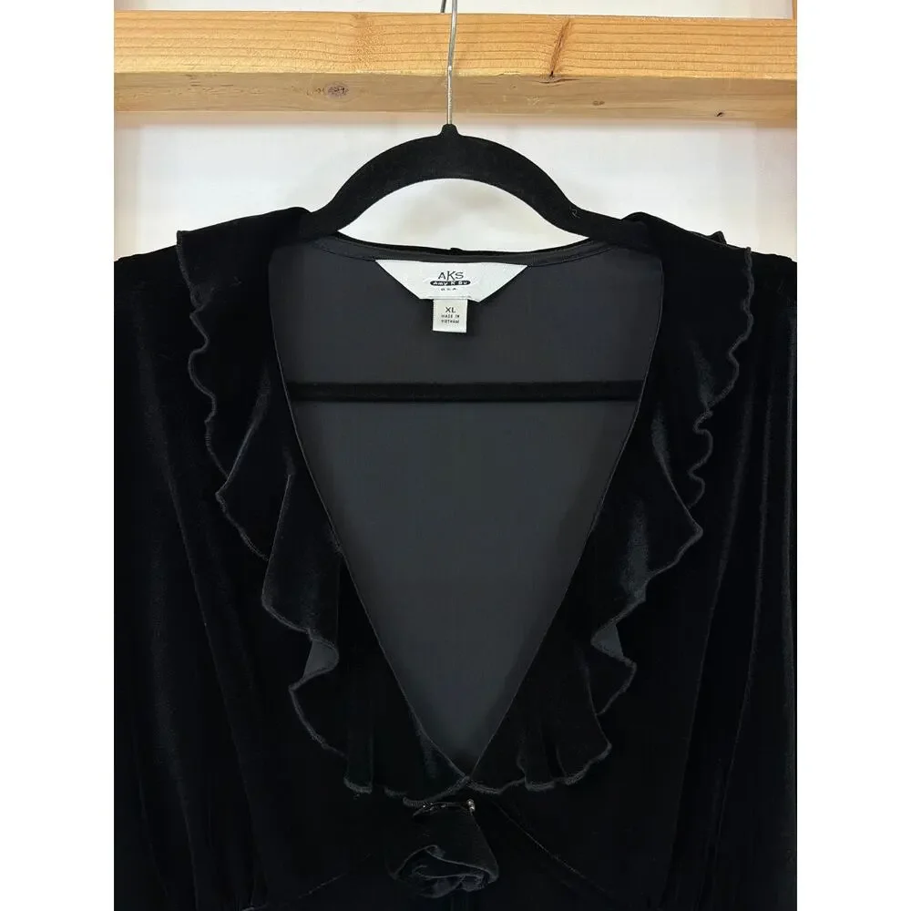 NWT AKS by Amy K Su Black Velvet Ruffled Collar Deep V Neck Top Size XL